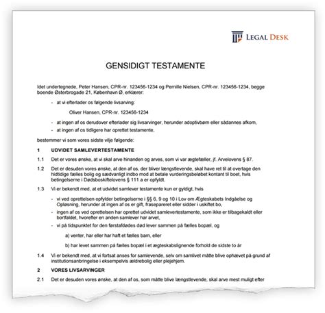 skabelon til testamente|Genpart af en testamentarisk disposition eller tilkendegivelse om ...